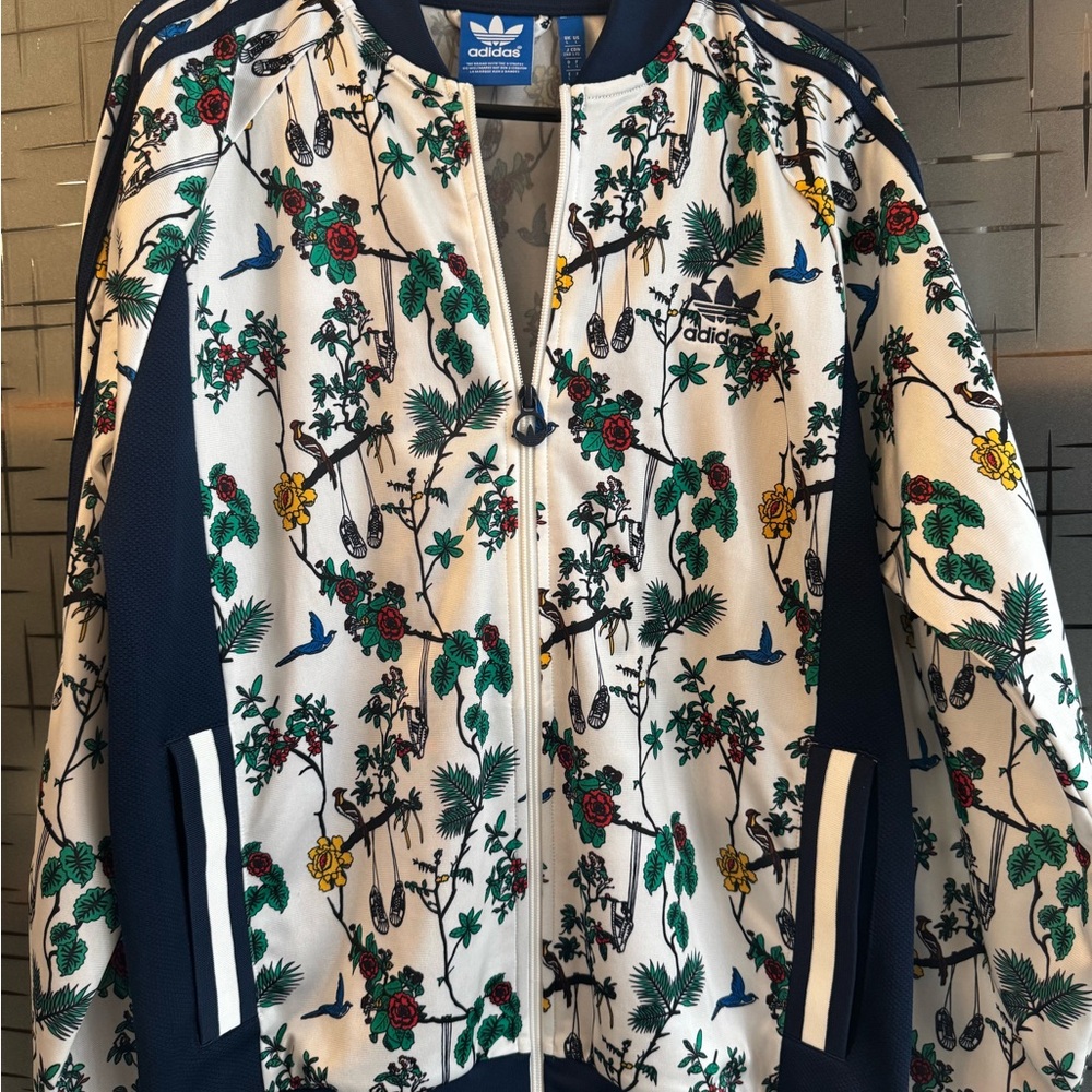 Adidas White and Green Bomber Jacket with Floral Design